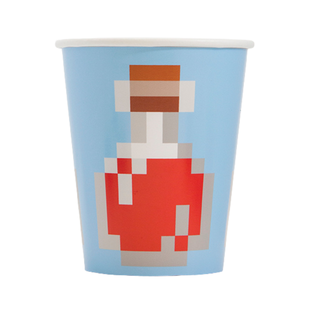 Blue pixel potion paper cup with video game theme from Parte Haus party supply store in Bethesda Maryland