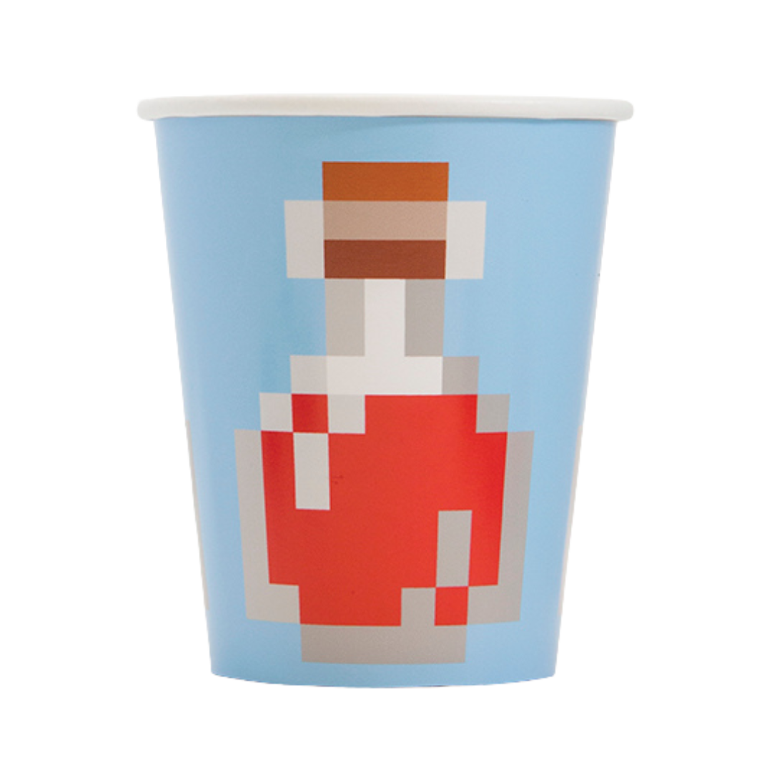 Blue pixel potion paper cup with video game theme from Parte Haus party supply store in Bethesda Maryland