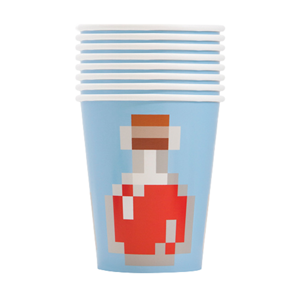 Light blue pixel potion paper cups with video game theme from Parte Haus party supply store in Bethesda MD.