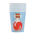 Light blue pixel potion paper cups with video game theme from Parte Haus party supply store in Bethesda MD.