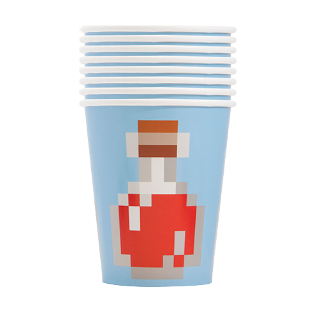 Light blue pixel potion paper cups with video game theme from Parte Haus party supply store in Bethesda MD.