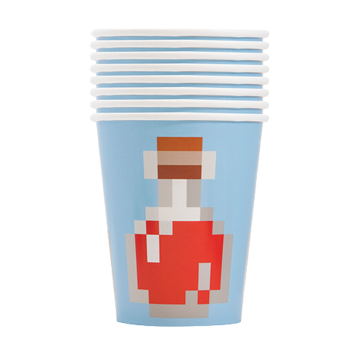 Light blue pixel potion paper cups with video game theme from Parte Haus party supply store in Bethesda MD.