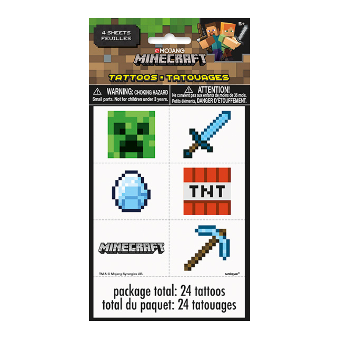Multicolor Minecraft tattoos sheet with pixel art designs for birthday from Parte Haus party supply store in Bethesda MD