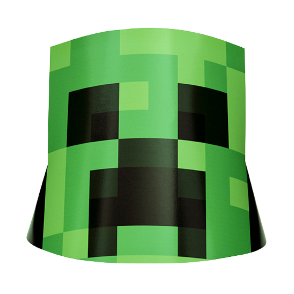 Green Creeper paper hat with pixelated design for Minecraft birthday from Parte Haus party supply store in Bethesda, MD.