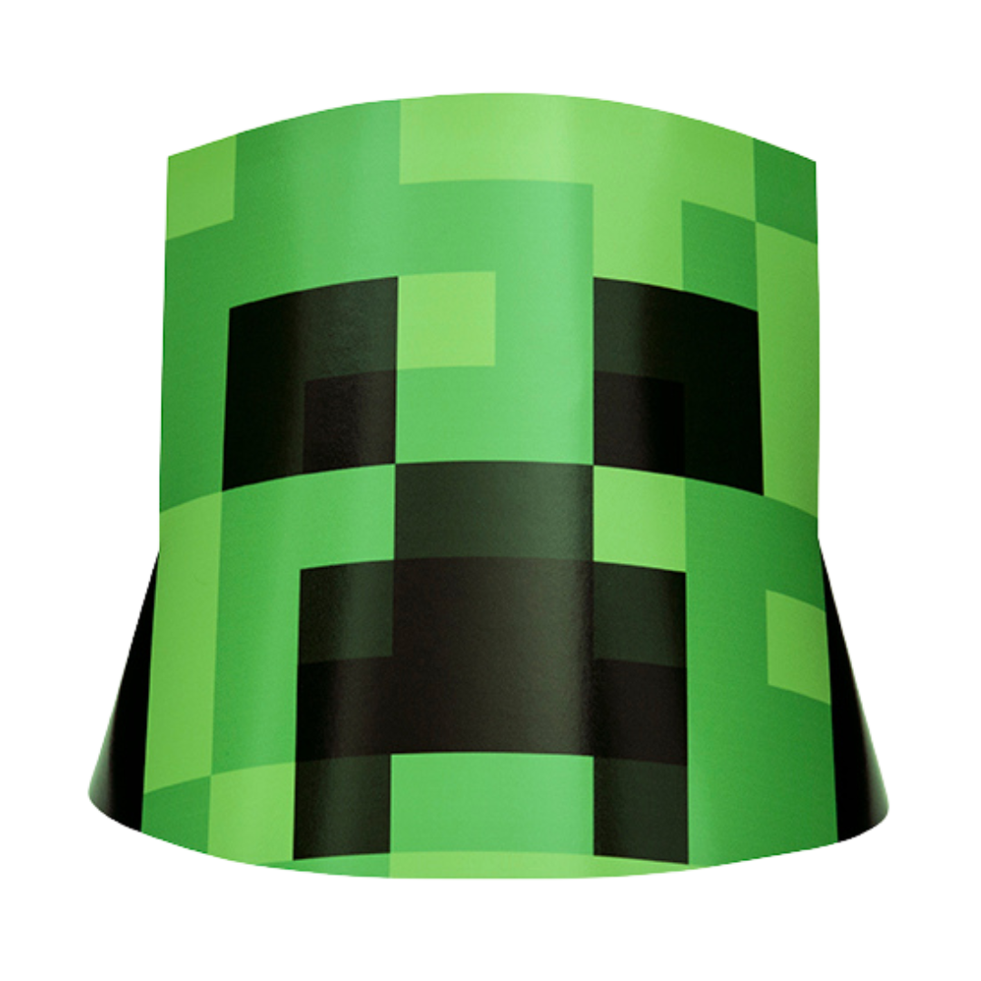Green Creeper paper hat with pixelated design for Minecraft birthday from Parte Haus party supply store in Bethesda, MD.