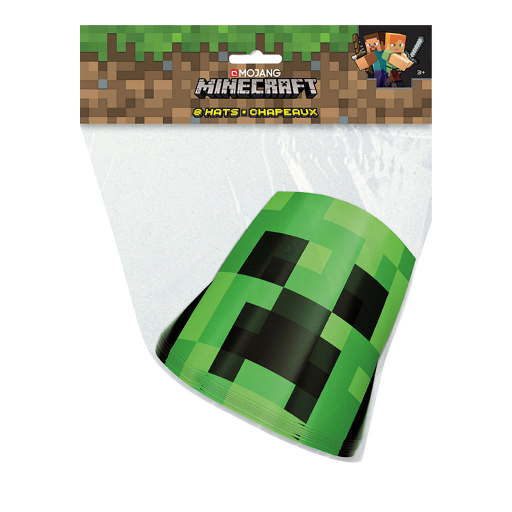 Green Minecraft cone hats with Creeper face for kids birthday from Parte Haus party supply store in Bethesda Maryland