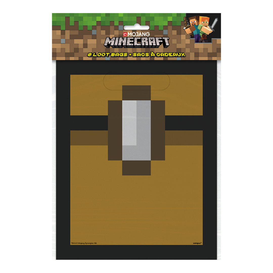 brown Minecraft loot bag with pixelated chest design for gamer birthday party from Parte Haus party supply store in Bethesda MD