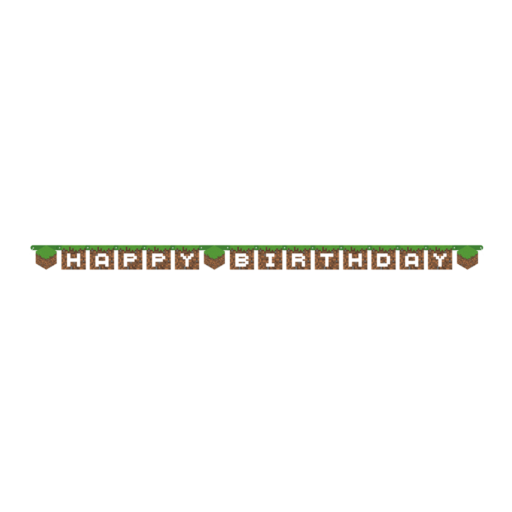 Green brown birthday banner with block letters for gaming theme from Parte Haus party supply store in Bethesda MD