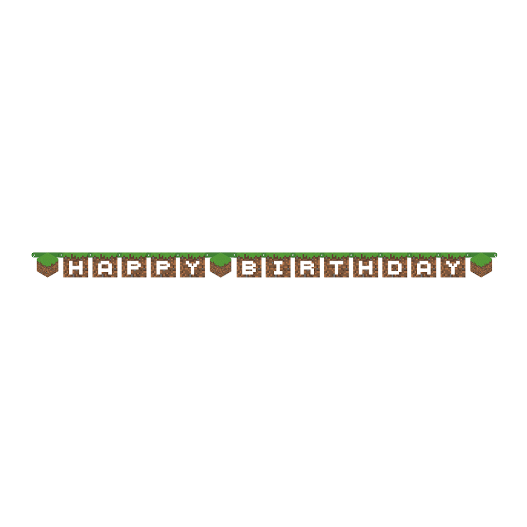 Green brown birthday banner with block letters for gaming theme from Parte Haus party supply store in Bethesda MD