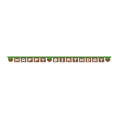 Green brown birthday banner with block letters for gaming theme from Parte Haus party supply store in Bethesda MD