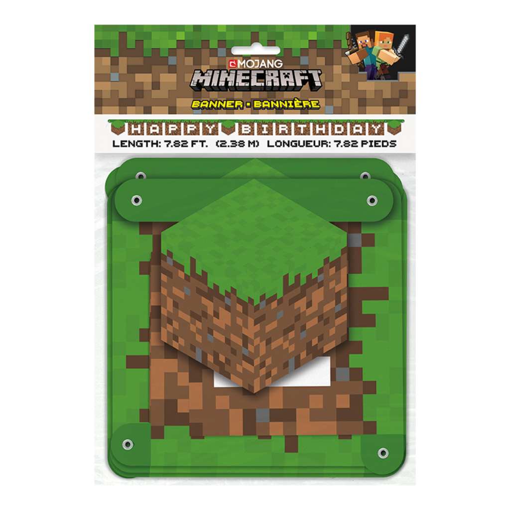 Green Minecraft birthday banner with block design for kids video game party from Parte Haus party supply store in Bethesda MD