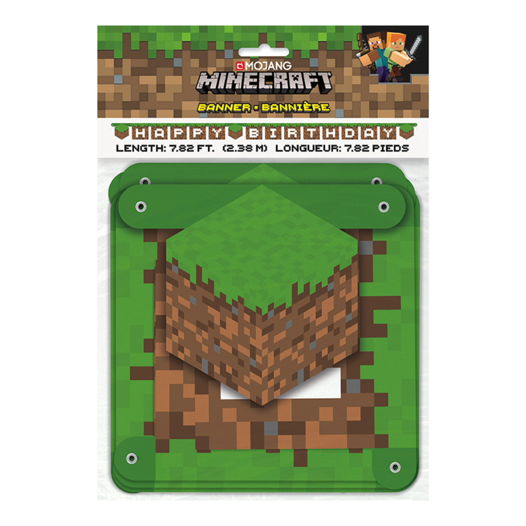 Green Minecraft birthday banner with block design for kids video game party from Parte Haus party supply store in Bethesda MD