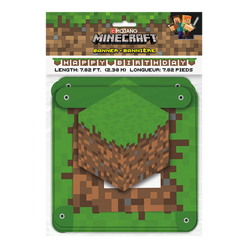Green Minecraft birthday banner with block design for kids video game party from Parte Haus party supply store in Bethesda MD