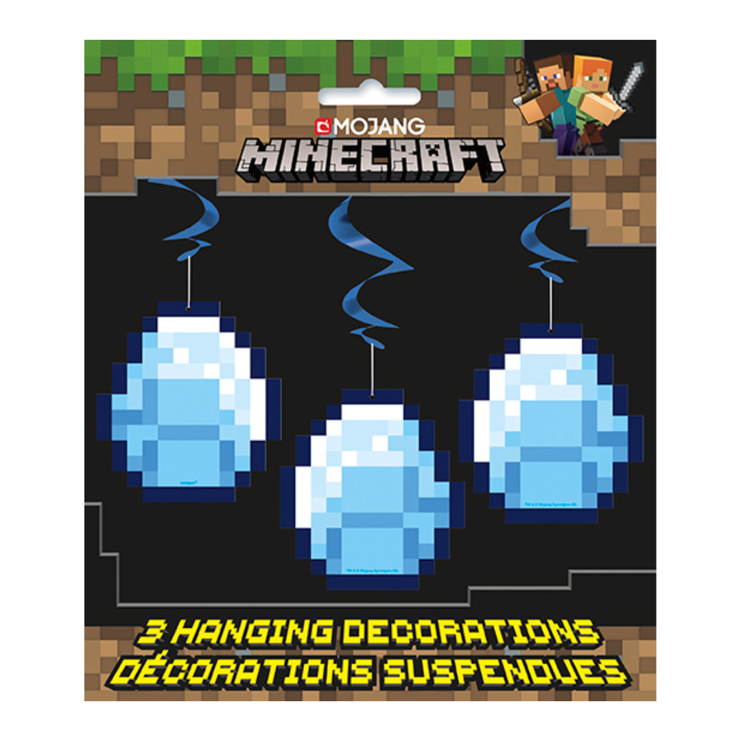 Blue pixel diamond hanging decorations for Minecraft theme from Parte Haus party supply store in Bethesda MD