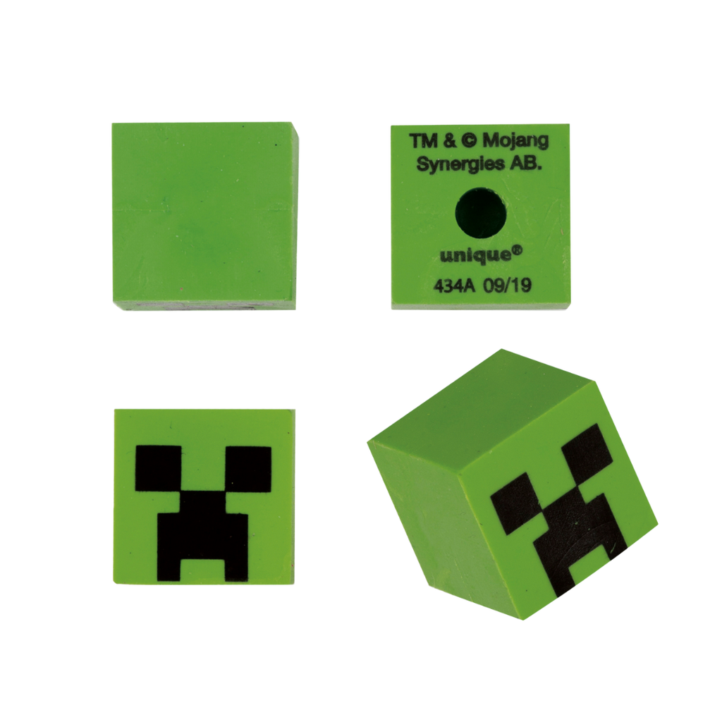 Green Minecraft block eraser with pixel creeper face for gaming birthday from Parte Haus party supply store in Bethesda MD.