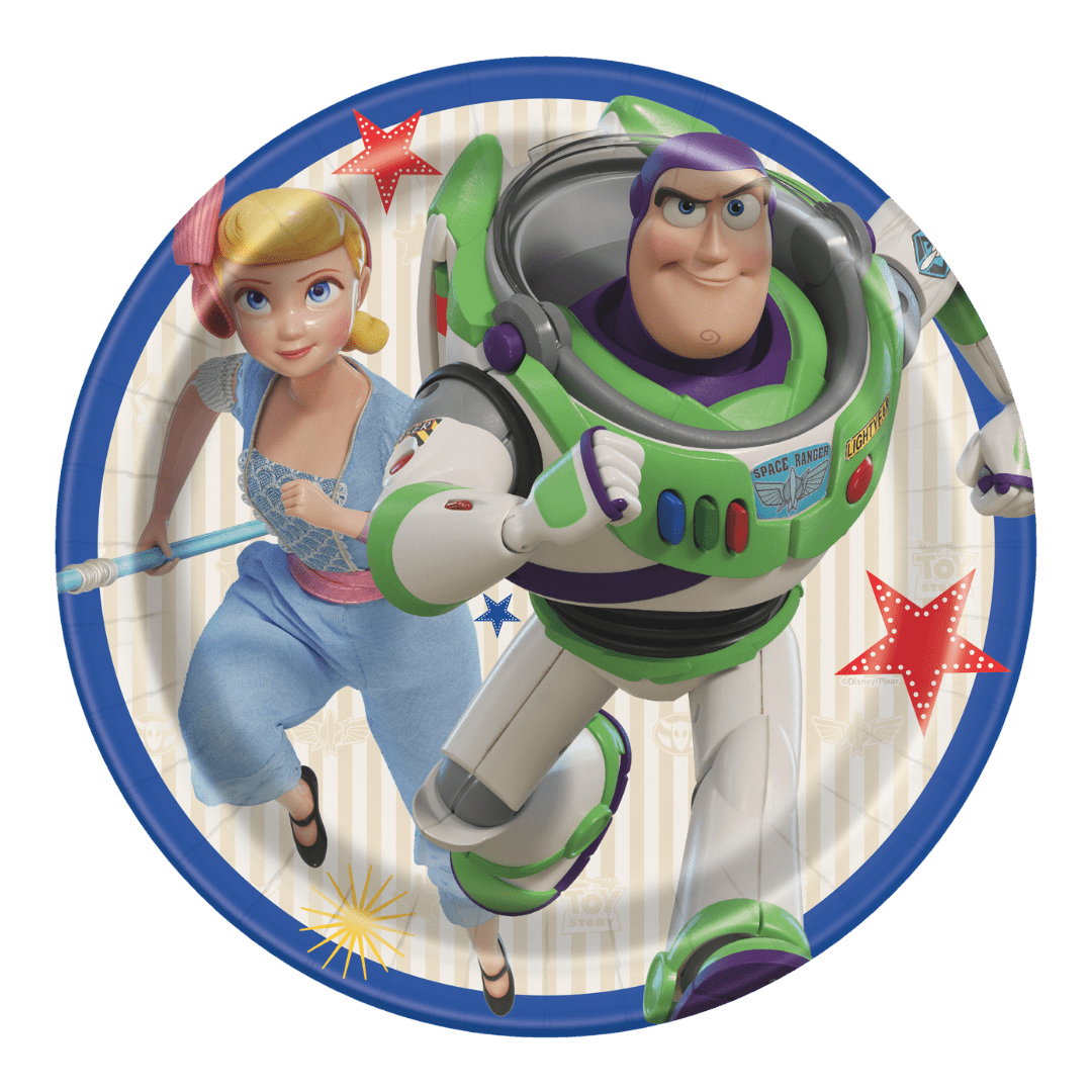 Multicolor Toy Story plate with Buzz Lightyear and Bo Peep birthday theme from Parte Haus party supply store in Bethesda MD.