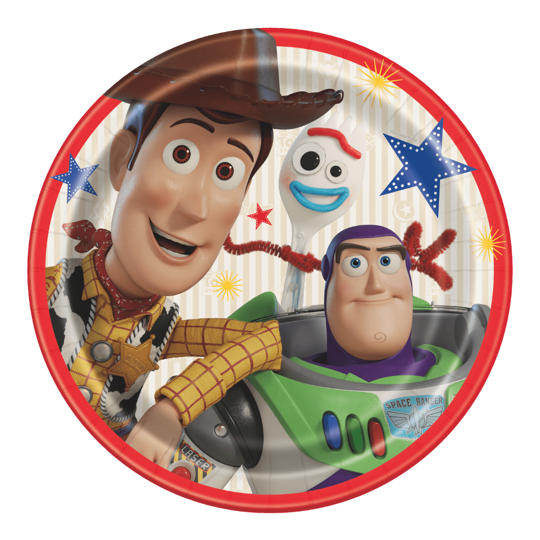 Red Toy Story paper plate with Woody Buzz Lightyear and Forky birthday design from Parte Haus party supply store in Bethesda MD