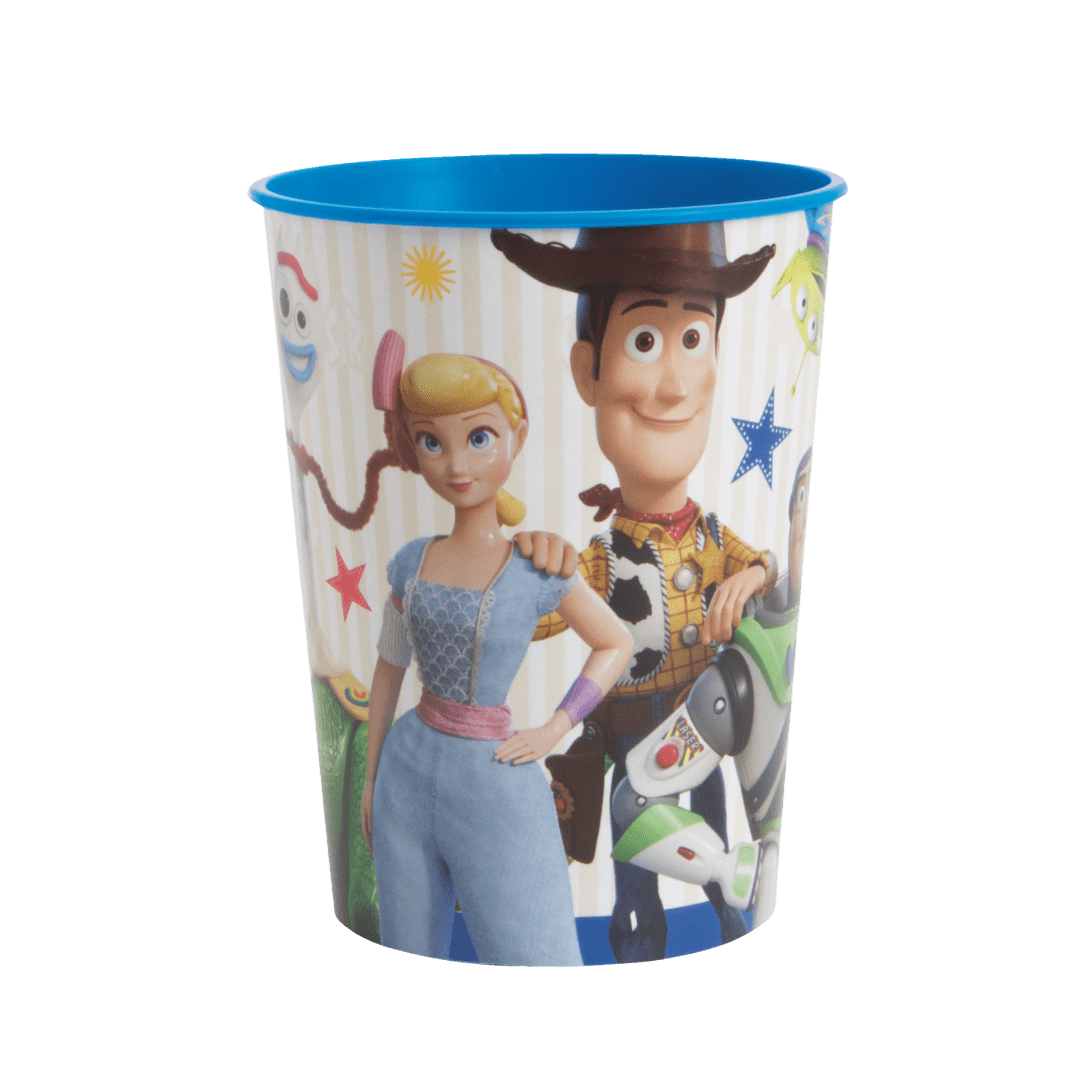 Blue Toy Story plastic cup with Woody and Bo Peep birthday theme from Parte Haus party supply store in Bethesda MD