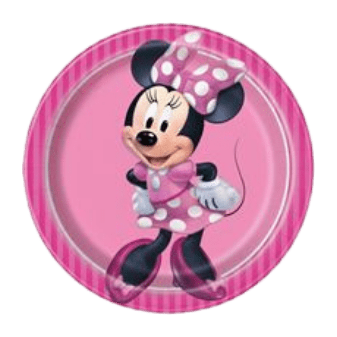 Pink Minnie Mouse plate with character graphic for kids birthday from Parte Haus party supply store in Bethesda MD