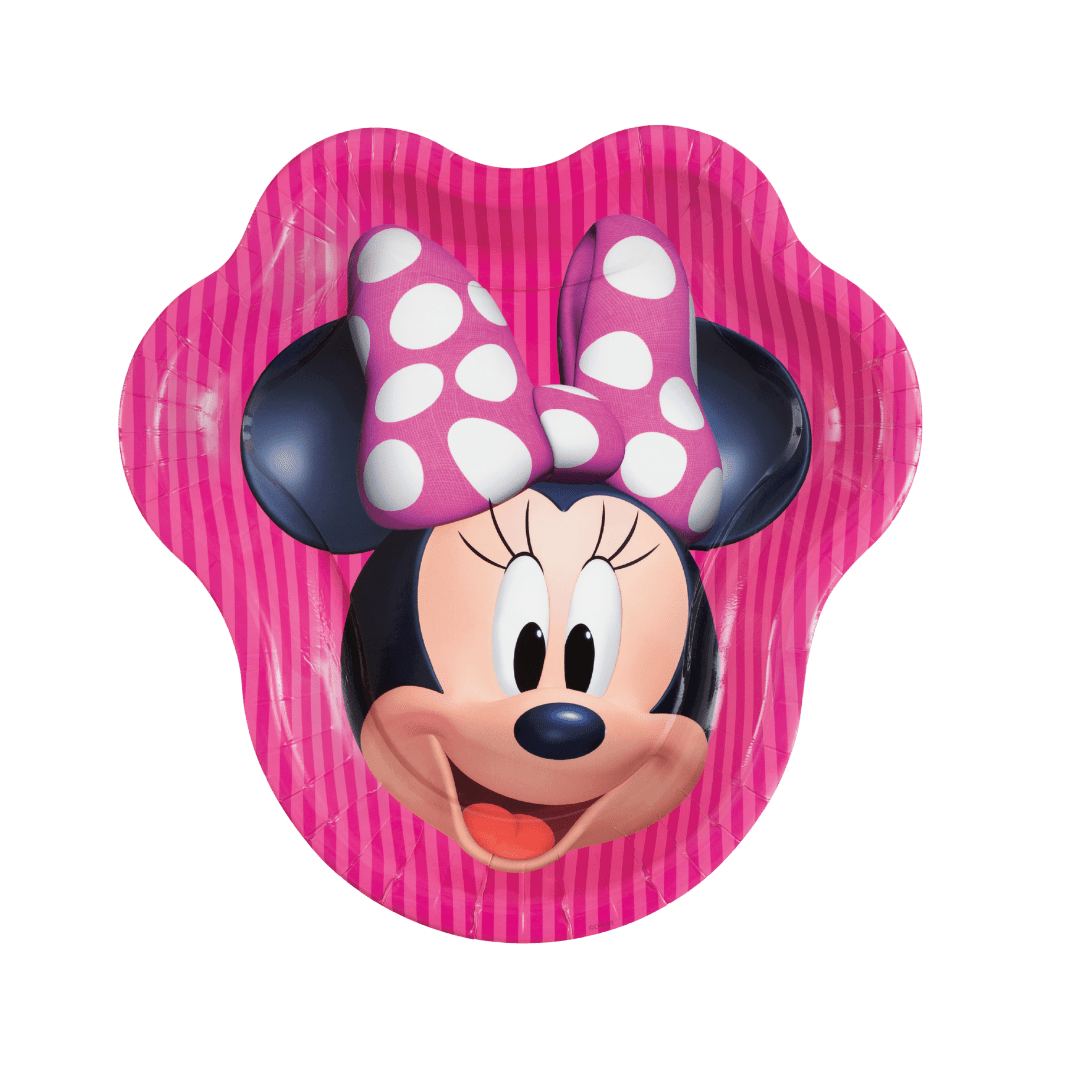 Pink Minnie Mouse shaped plate with polka dots for kids birthday from Parte Haus party supply store in Bethesda MD.