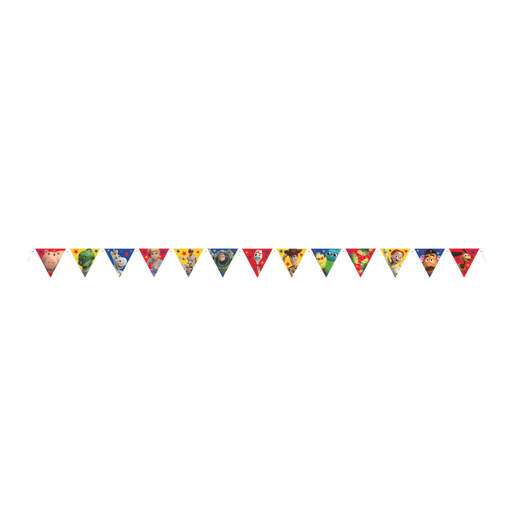 Colorful Toy Story flag banner with character graphics for birthday from Parte Haus party supply store in Bethesda MD