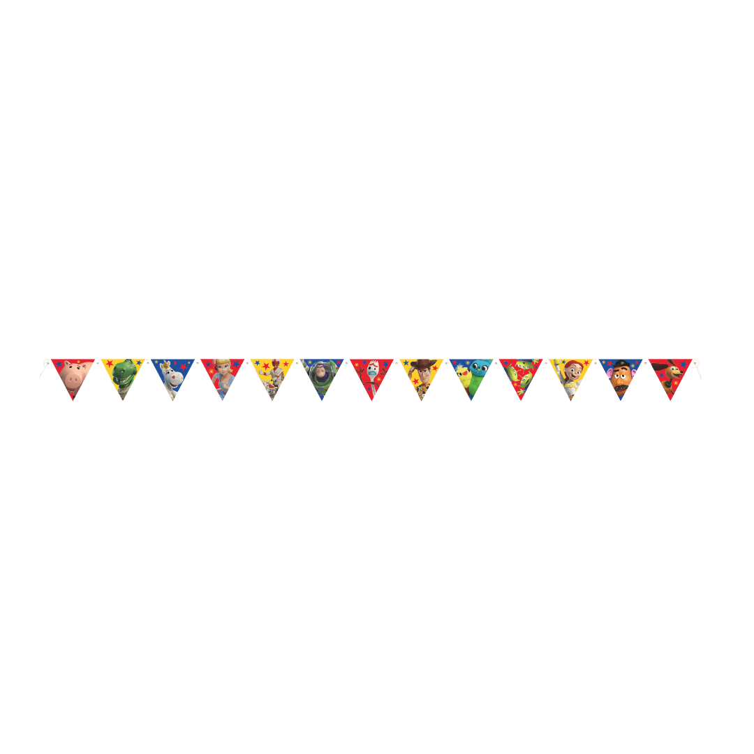 Colorful Toy Story flag banner with character graphics for birthday from Parte Haus party supply store in Bethesda MD