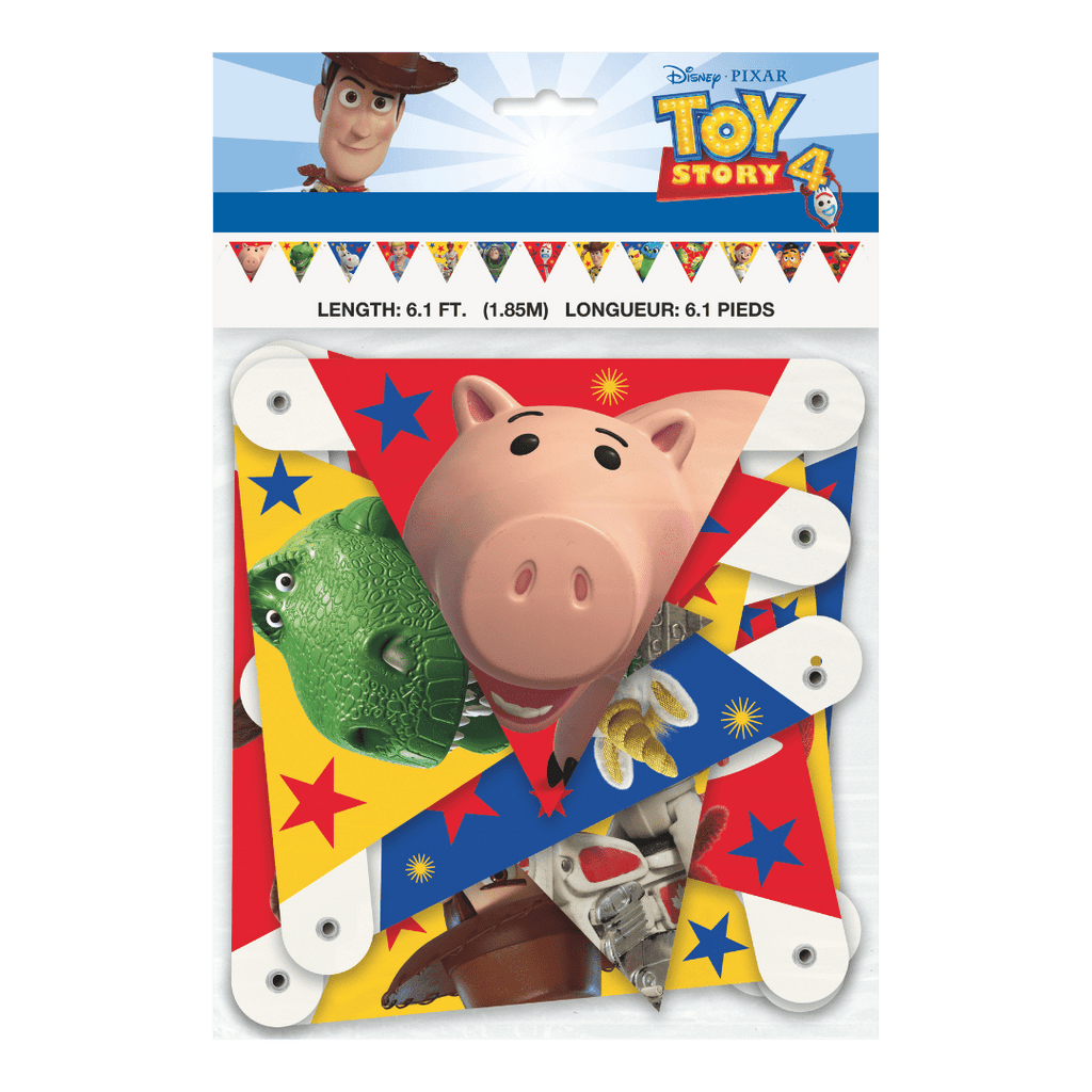 Colorful Toy Story banner with character images birthday theme from Parte Haus party supply store in Bethesda MD