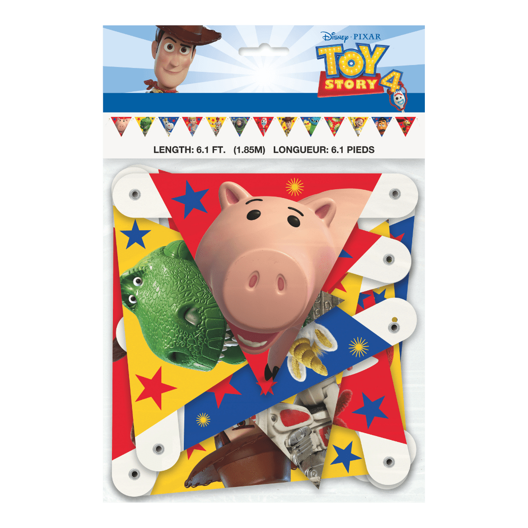 Colorful Toy Story banner with character images birthday theme from Parte Haus party supply store in Bethesda MD