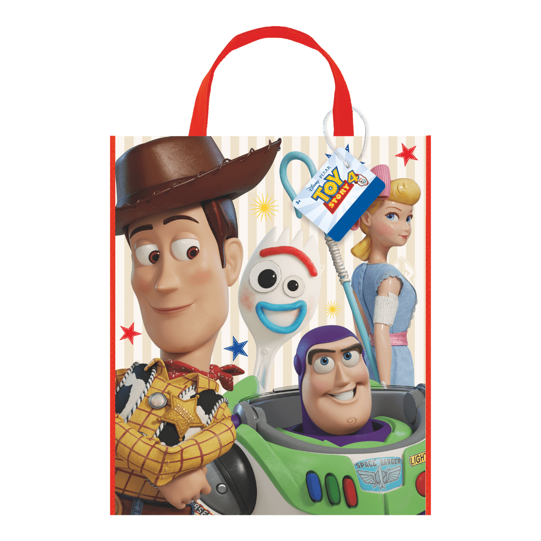 Colorful Toy Story gift bag with Woody Buzz Lightyear Forky Bo Peep for kids birthday from Parte Haus party supply store in Bethesda MD