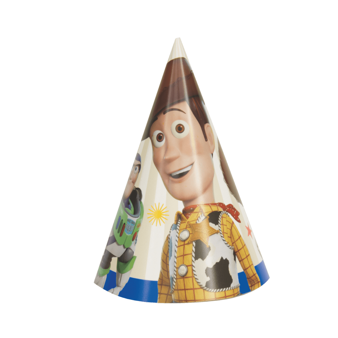 Colorful Toy Story cone hat with Woody and Buzz Lightyear birthday theme from Parte Haus party supply store in Bethesda Maryland