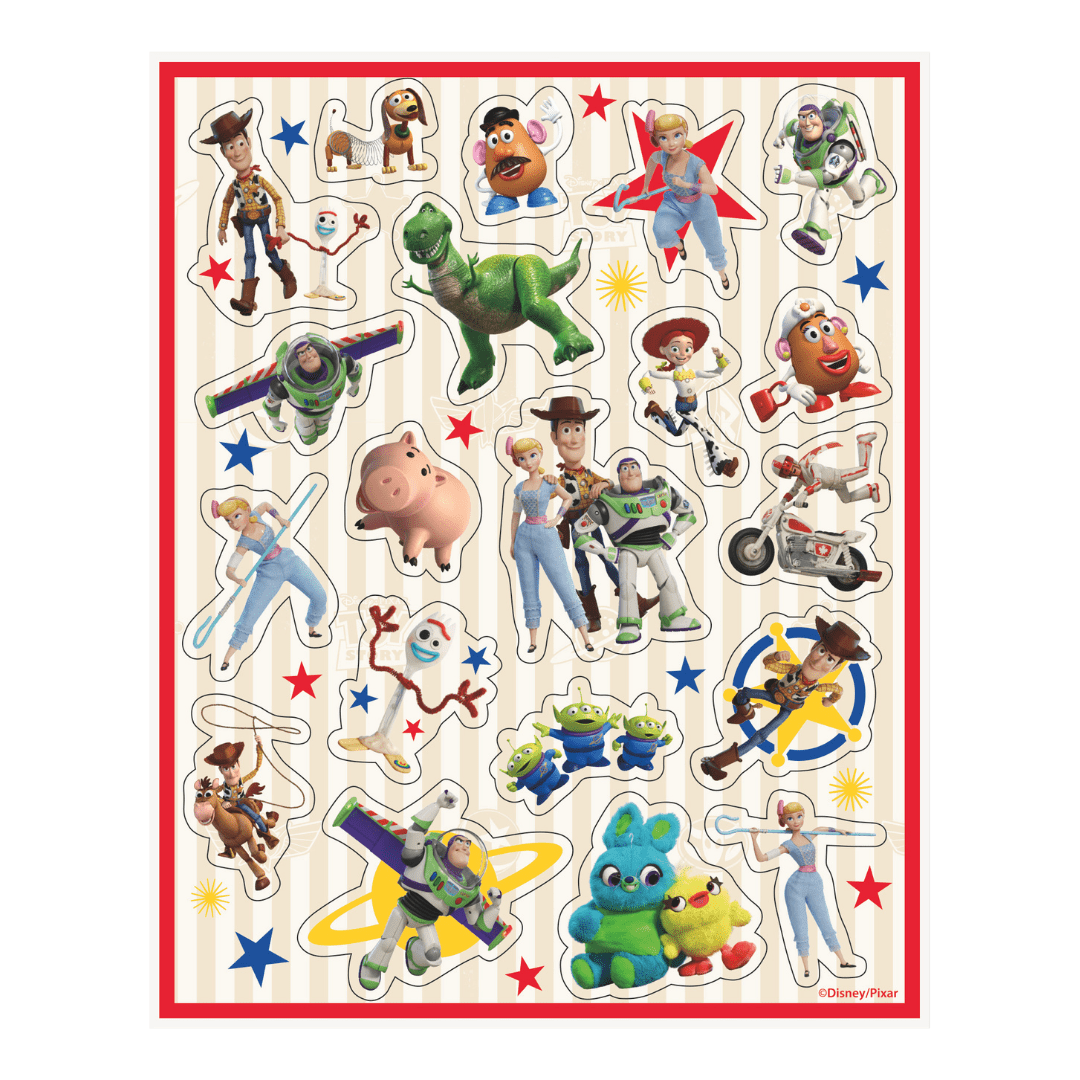 Colorful Toy Story character stickers featuring Woody Buzz Lightyear Bo Peep and more birthday theme from Parte Haus party supply store in Bethesda Maryland
