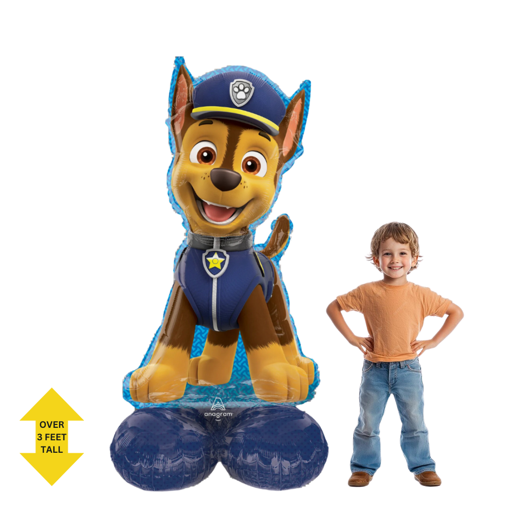 Blue Chase Paw Patrol balloon with child birthday theme from Parte Haus party supply store in Bethesda Maryland