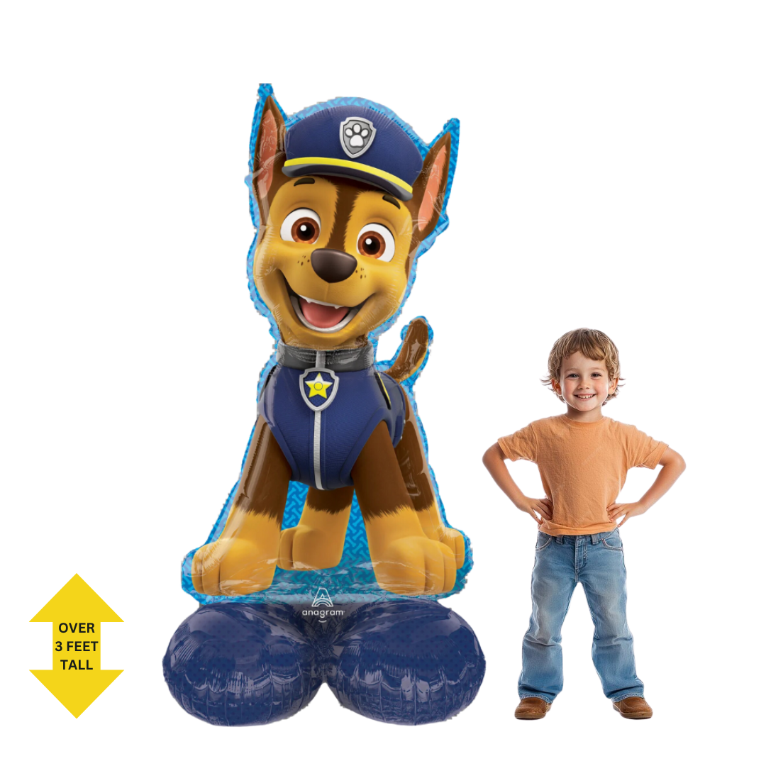 Blue Chase Paw Patrol balloon with child birthday theme from Parte Haus party supply store in Bethesda Maryland