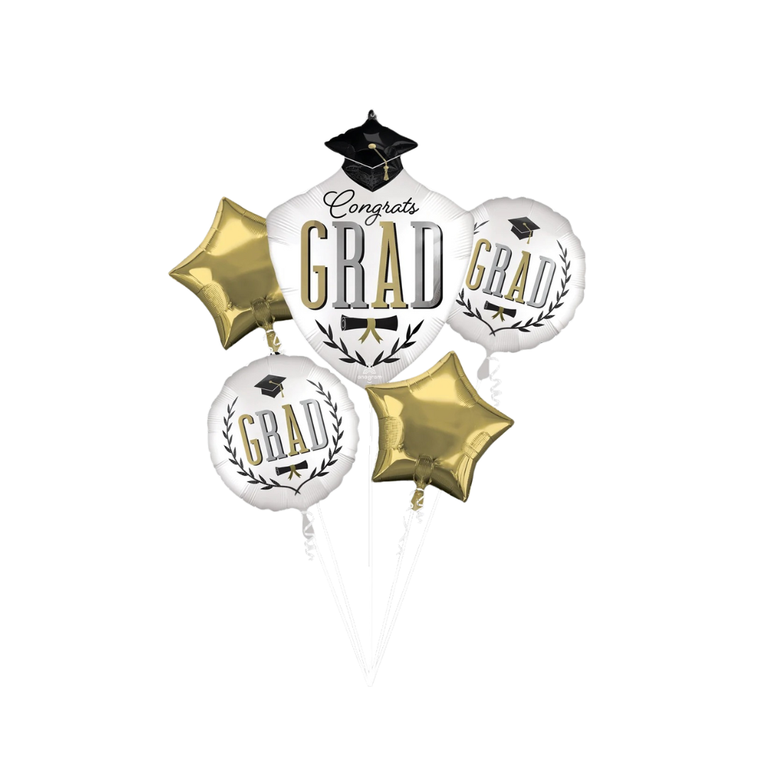 Gold and white graduation balloon bouquet with grad cap and laurel theme from Parte Haus party supply store in Bethesda MD