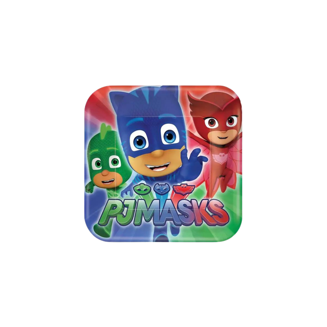 Colorful PJ Masks dessert plate with cartoon heroes birthday theme from Parte Haus party supply store in Bethesda MD