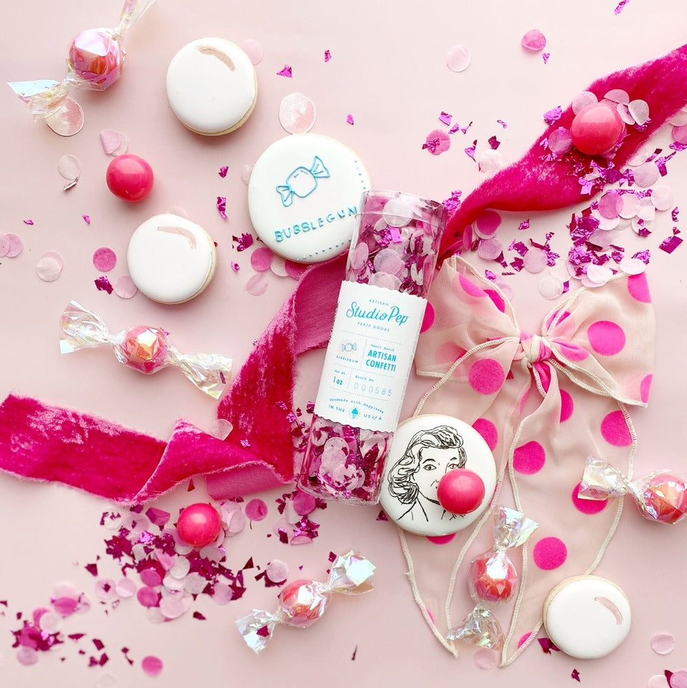Pink and white artisan confetti cookies and candy birthday decor from Parte Haus party supply store in Bethesda MD