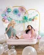 Pastel pink and teal birthday balloon set with happy birthday banner children theme from Parte Haus party supply store in Bethesda MD
