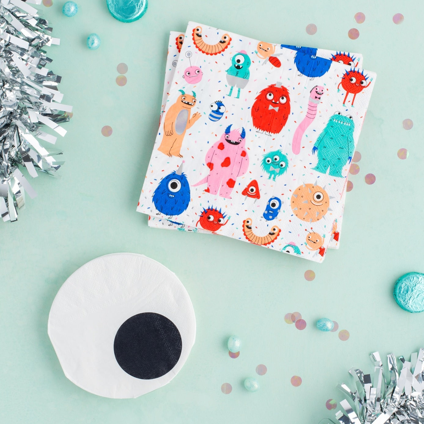 Colorful monster napkins and large eyeball napkin kids birthday theme from Parte Haus party supply store in Bethesda MD