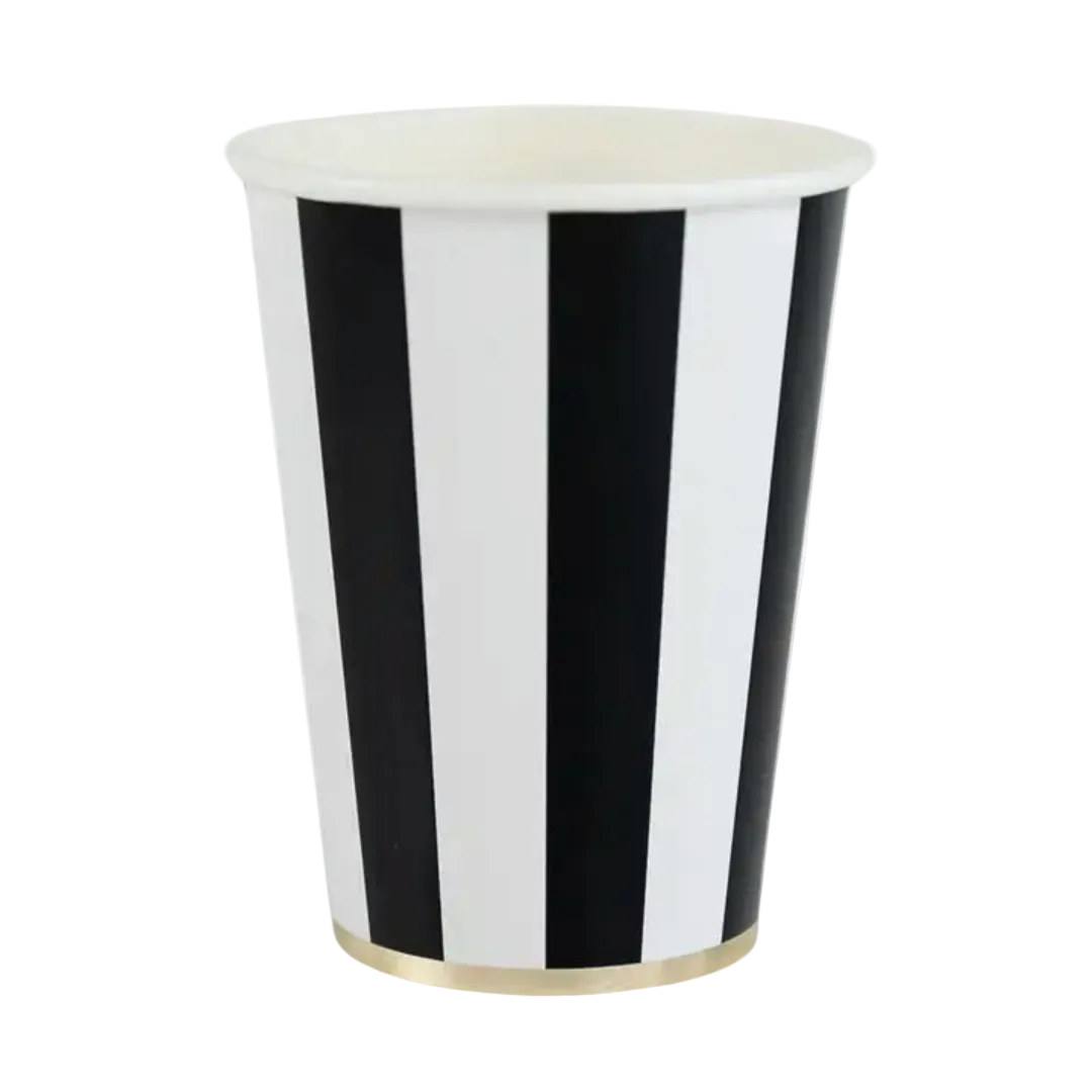 Black Noir and White Cabana Stripe Paper Cups