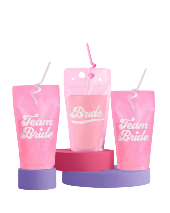 Pink and White Bachelorette Drink Pouches with Twirly Straws