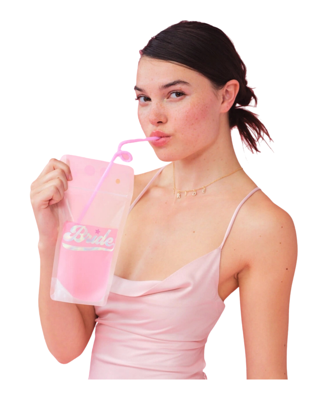 Pink and White Bachelorette Drink Pouches with Twirly Straws