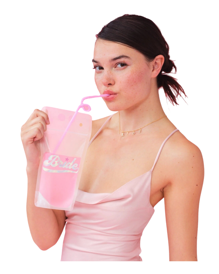 Pink and White Bachelorette Drink Pouches with Twirly Straws