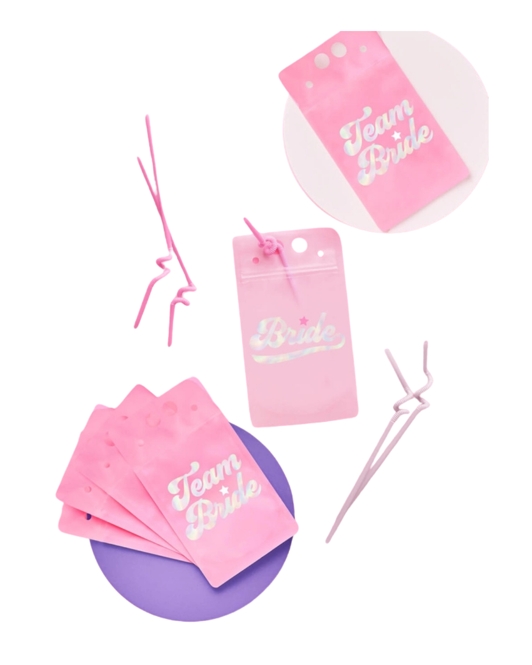 Pink and White Bachelorette Drink Pouches with Twirly Straws