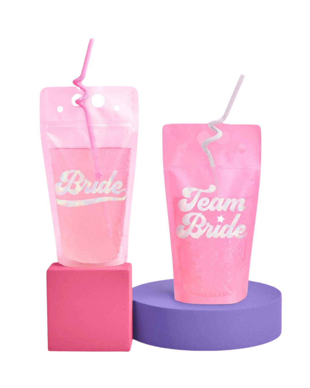 Pink and White Bachelorette Drink Pouches with Twirly Straws