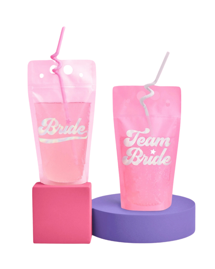 Pink and White Bachelorette Drink Pouches with Twirly Straws