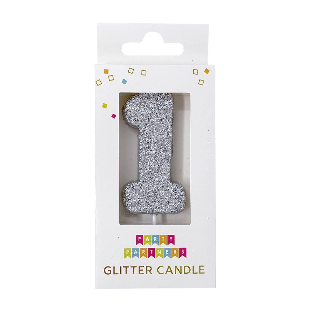 Silver glitter number one candle for birthday from Parte Haus party supply store in Bethesda MD