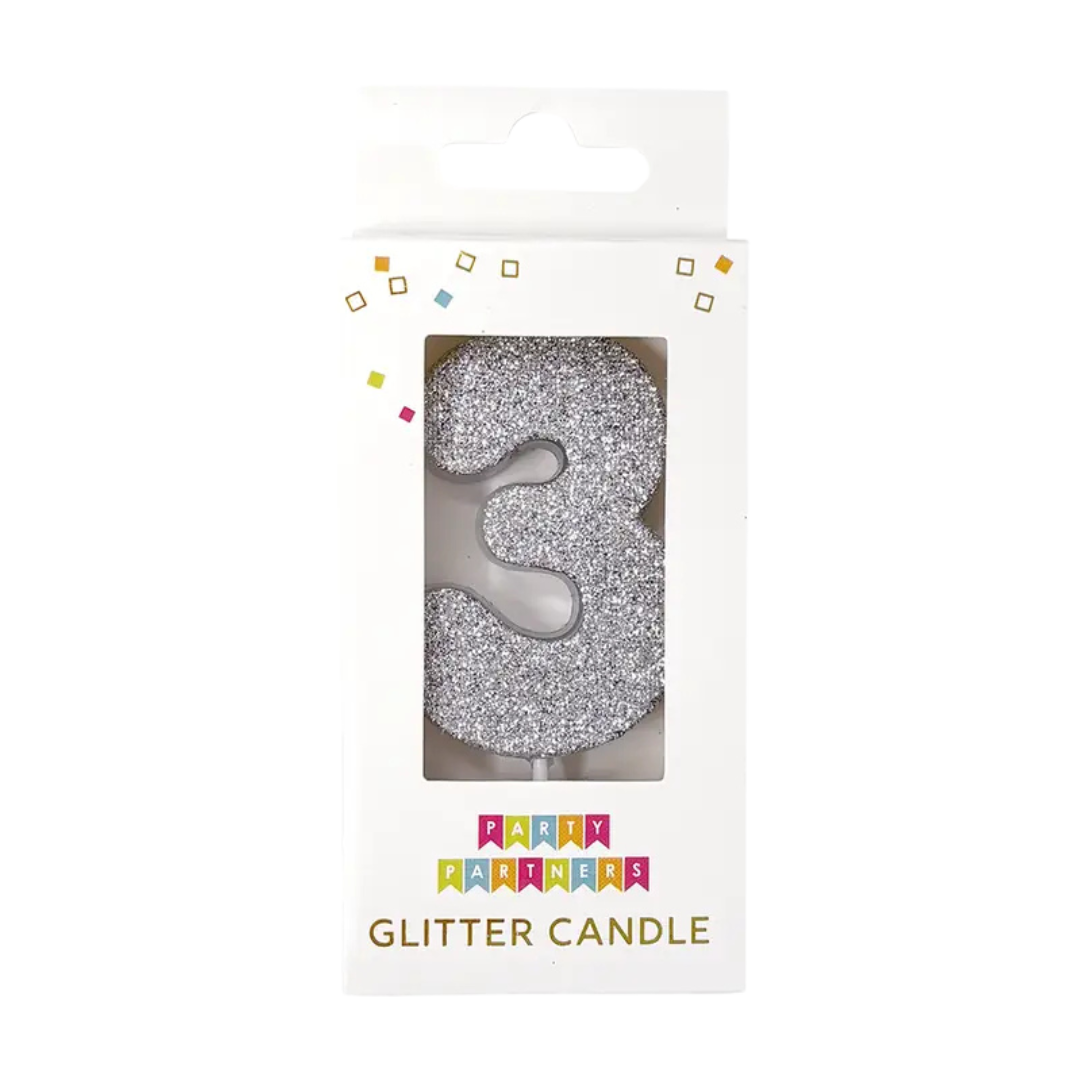 Silver number three glitter candle for birthday from Parte Haus party supply store in Bethesda Maryland