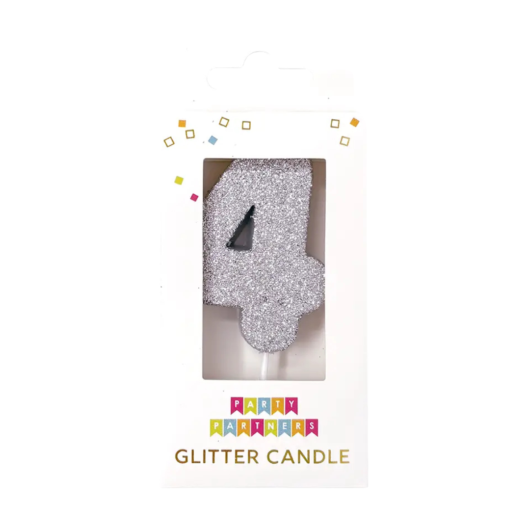 Silver glitter number 4 candle in box birthday celebration from Parte Haus party supply store in Bethesda MD