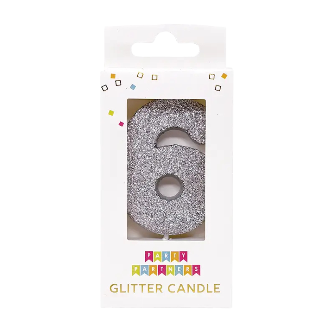 Silver glitter number 6 candle for birthday from Parte Haus party supply store in Bethesda MD