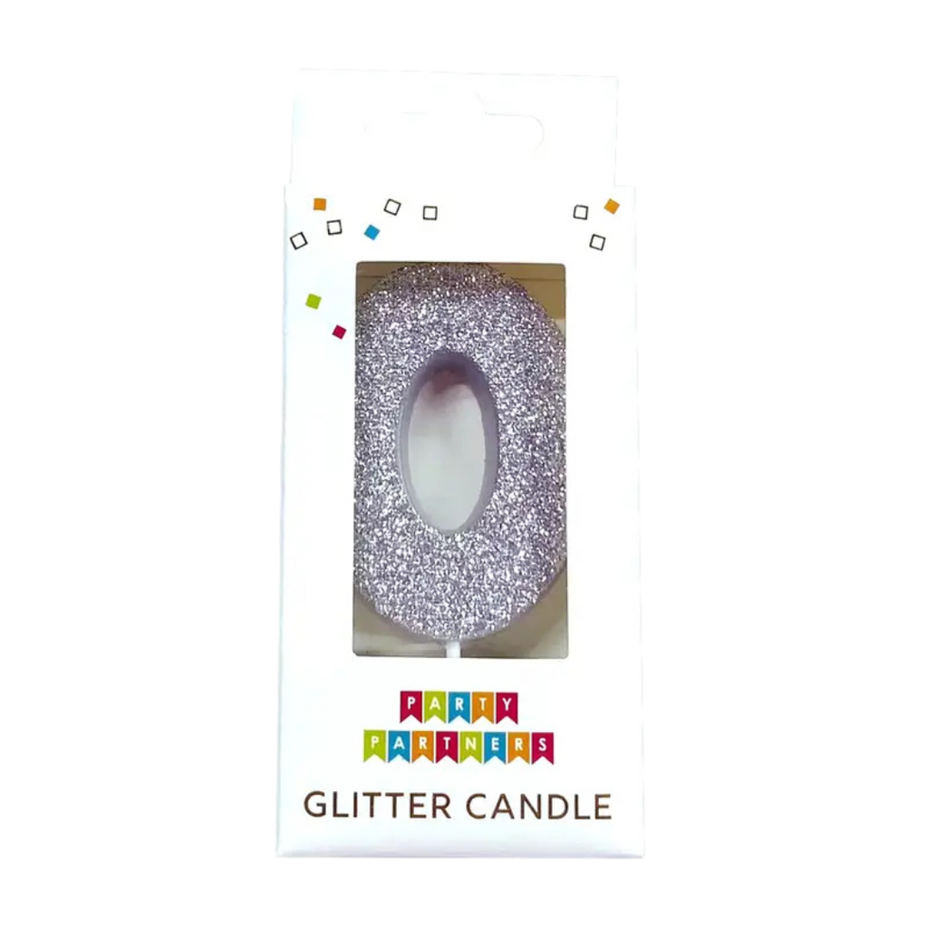 Silver number zero glitter candle for birthday celebration from Parte Haus party supply store in Bethesda MD